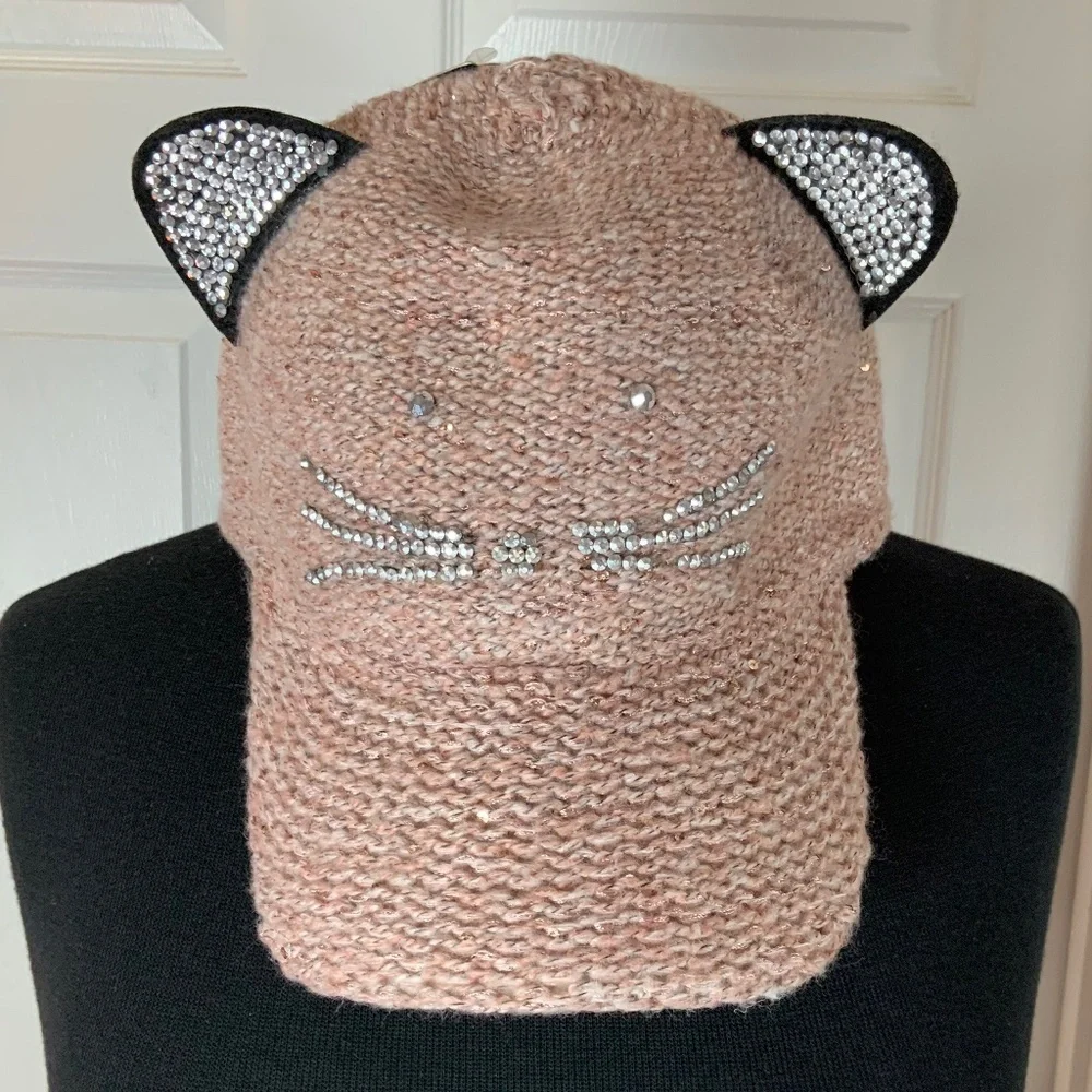 Sazy Bee Cat Rhinestone Crochet Knit Kitty Cat Hat Pink Baseball Cap NWT